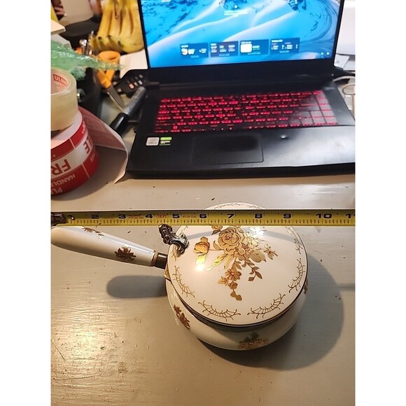 Vintage Porcelain Lidded Serving Pot Handle Gold Gilt Floral Brass Trim Elegant - Picture 14 of 15